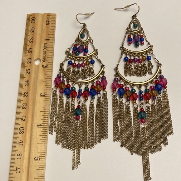 Large Multi Tier Chain Tassel Colorful Bead Boho Earrings - Picture 10 of 13